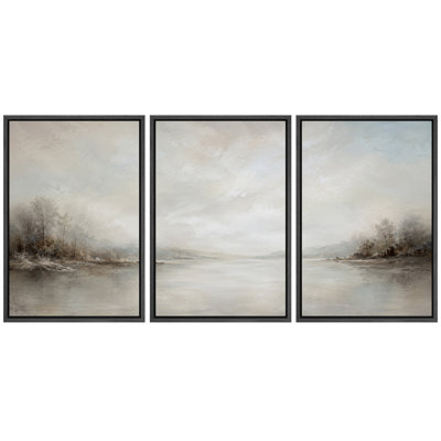 Lac brumeux et îles boisées, paysage serein, tableau pour salon, impression giclée sur toile encadrée, 3 pièces, 61 x 91 cm (24 x 36 pouces).