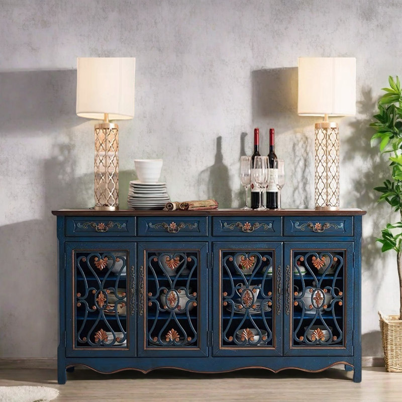 Console en bois d'hévéa massif, Bleu foncé