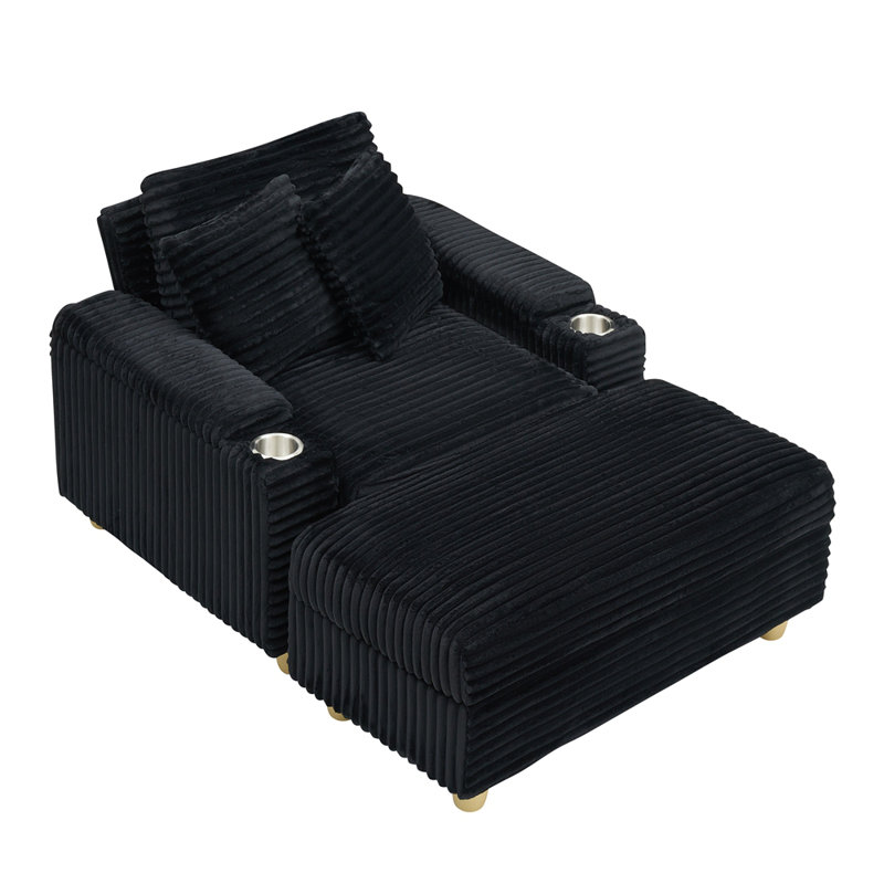 Stylish Style Corduroy single sofa with one pillow, two throw pillows, a footstool and two storage Spaces, Black