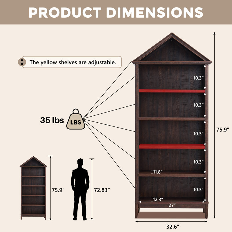 75.9" Tall Angled Arch Bookshelf, 5-Tier Geometric Large Bookcase with Storage, Modern Triangular Top with Adjustable Shelves, Wooden Cabinet with Open Display Shelves for the Living Room or Study