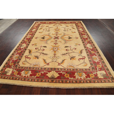 Tapis rouge en laine noué à la main de conception unique 6 pi 8 po x 9 pi 4 po New Age