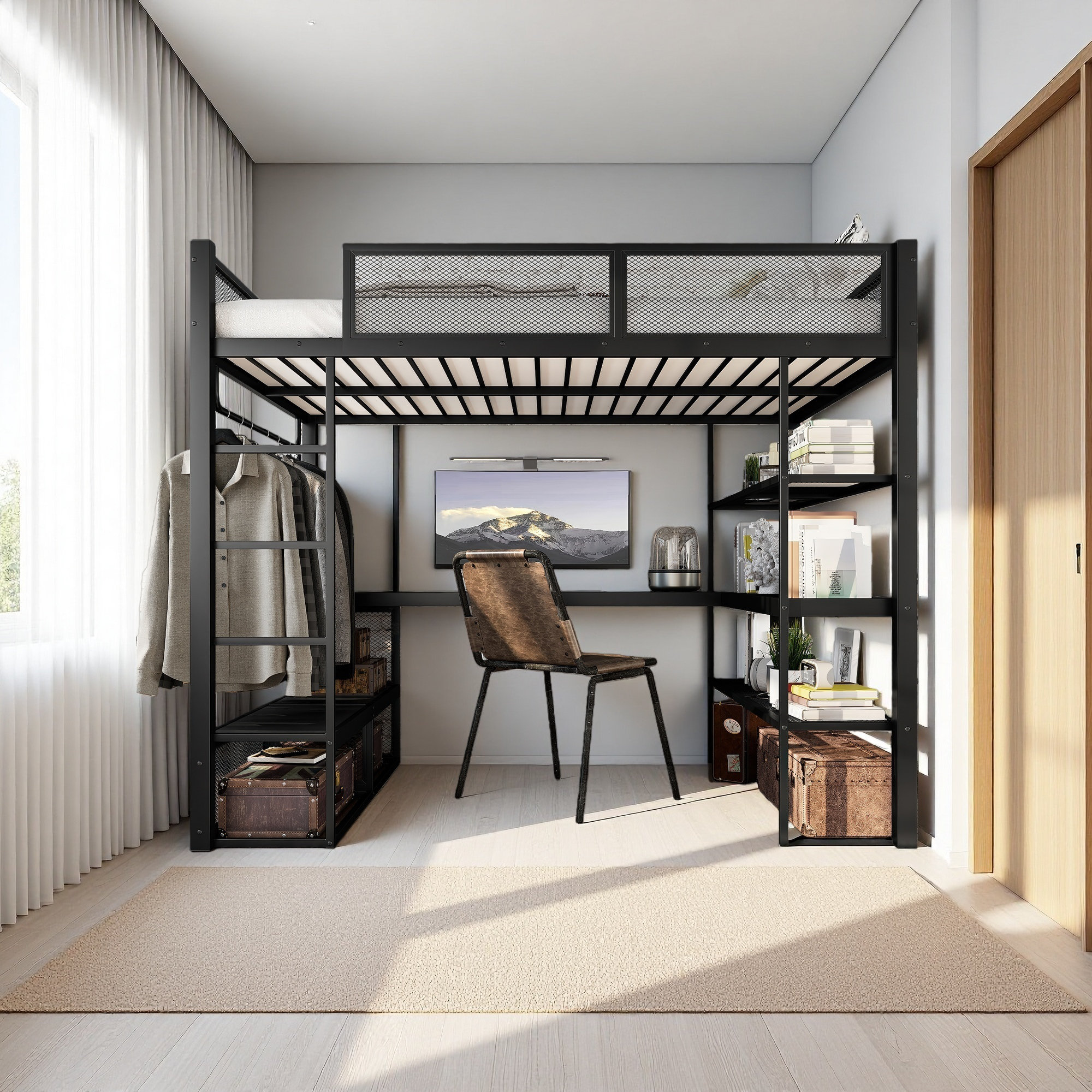 Harriet Bee Queen Size Loft Bed With Storage Shelves, Metal Loft Bed ...