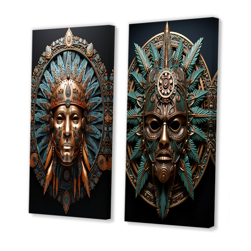 Emerald and Black Native Warrior Mask - ensemble de 2 impressions sur toile abstraites, H 28 po x l 25 po, Toile tendue