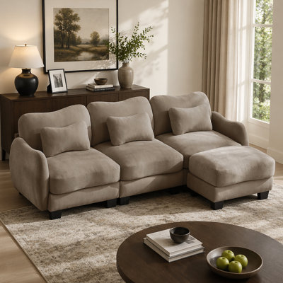 Chenille L-Shaped Sofa with 1 Movable Ottoman, Oversized 3-Seater Sectional with 3 Exquisite Waist Pillows,Ergonomically designed,Easy to Assemble Modular Couch for Living Room Office, Coffee
