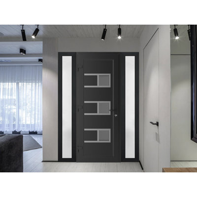 Front Exterior Prehung uPVC Metal-Plastic Manux 8933 Matte Black 2 Side Sidelite Transoms Office Commercial and Residential Doors Entrance Patio Garage 68 x 80 (W16+36+16 x H80) Right hand Inswing