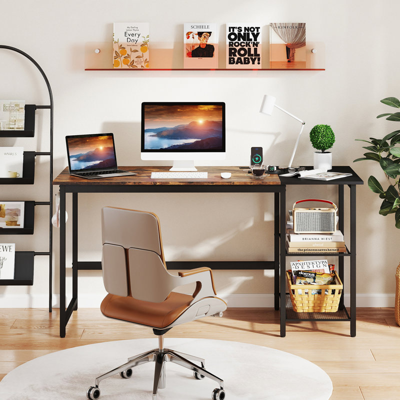  59" Metal Base Computer Desk with Power Outlet, Rustic Brown/Black