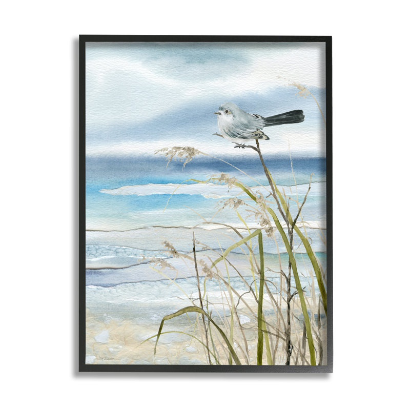 «Bird & Abstract Beach» par Carol Robinson, reproduction encadrée sur bois, H 14 po x l 11 po x P 1,5 po