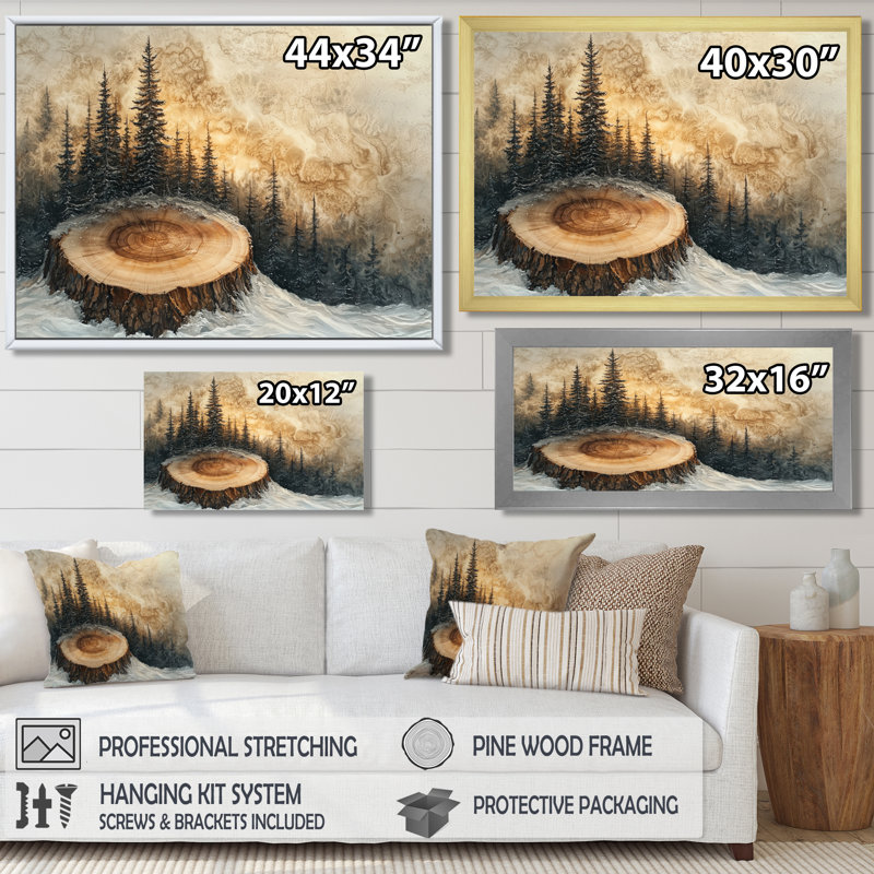 «Pittston Sunrise Pine Tree on Wooden Tree Slide I - Forest Large», art mural, H 24 po x l 32 po, Crème, crème