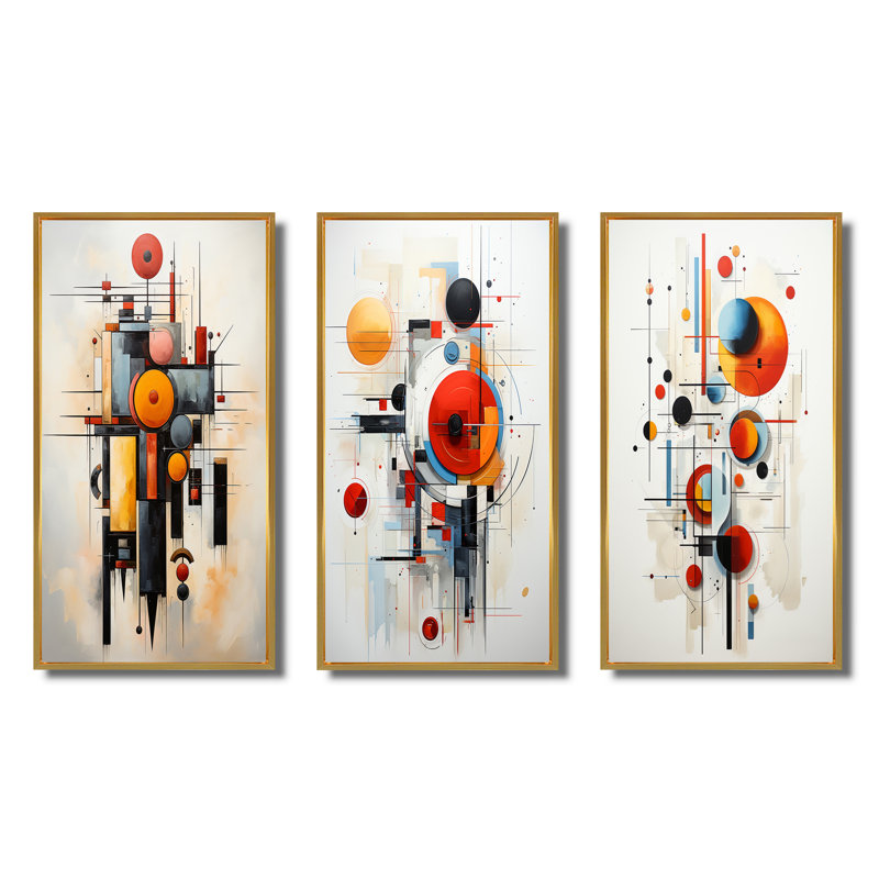 «Red Suprematism Reduction», 3 pièces sur toile, H 28 po x l 36 po, Encadrement doré