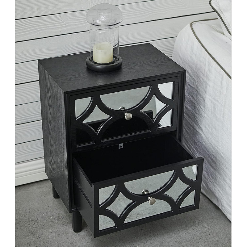 Habeel Two Drawer Mirror Front Nightstand, Black