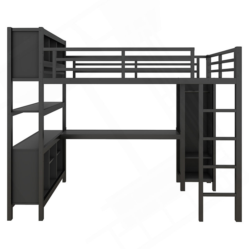Metal Loft Bed with Wardrobe And L-shaped Desk, Loft Bed with Storage Cubes and Shelves, Heavy Duty Loft Bed for Kids Teens Adults
