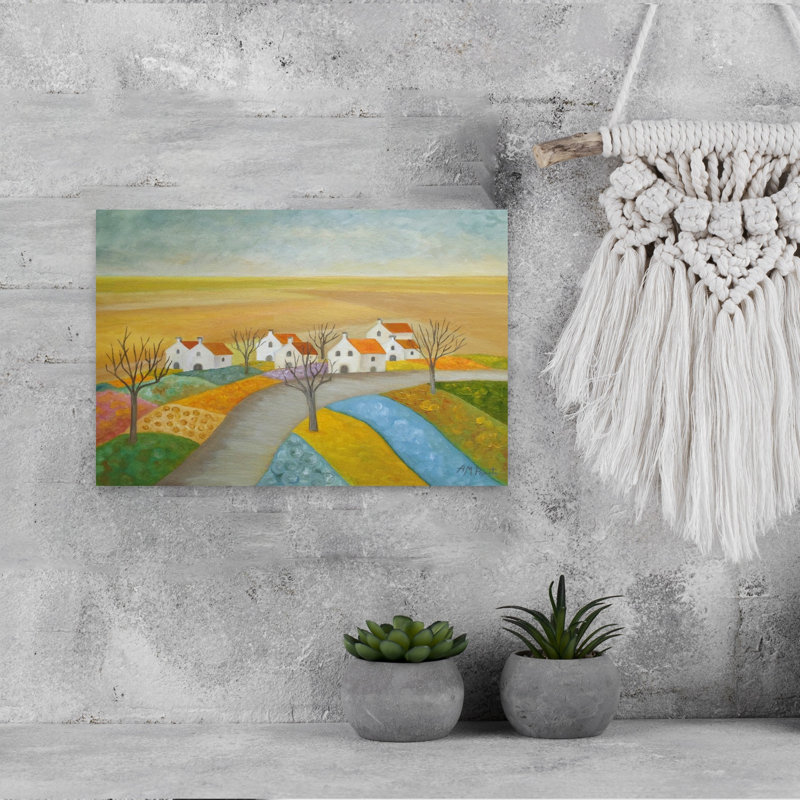 Peaceful Country Village, paysage abstrait rustique coloré, art mural, H 12 po x l 18 po