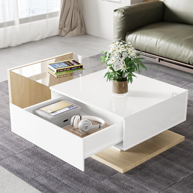 Omer Frame Coffee Table with Storage, White Top/Natural Base