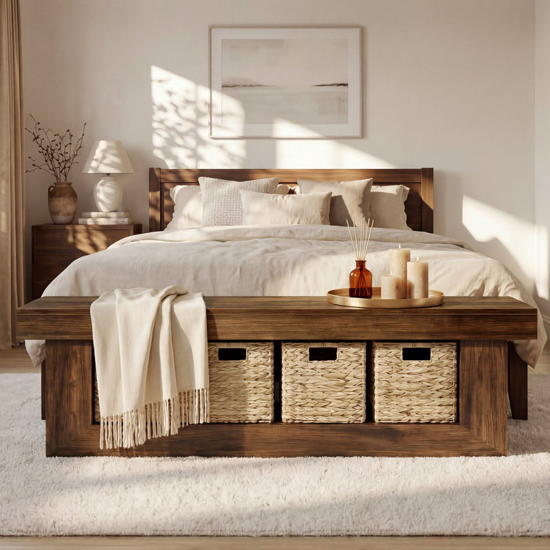 63" End Of Bed Bench, Rustic Wooden Storage Bench With 4 Baskets
