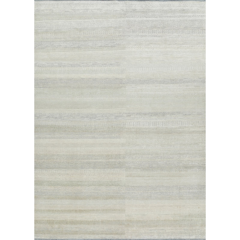 High-Quality Hand-Knotted Ivory And Silver Area Rug, Rectangle 10' x 14'