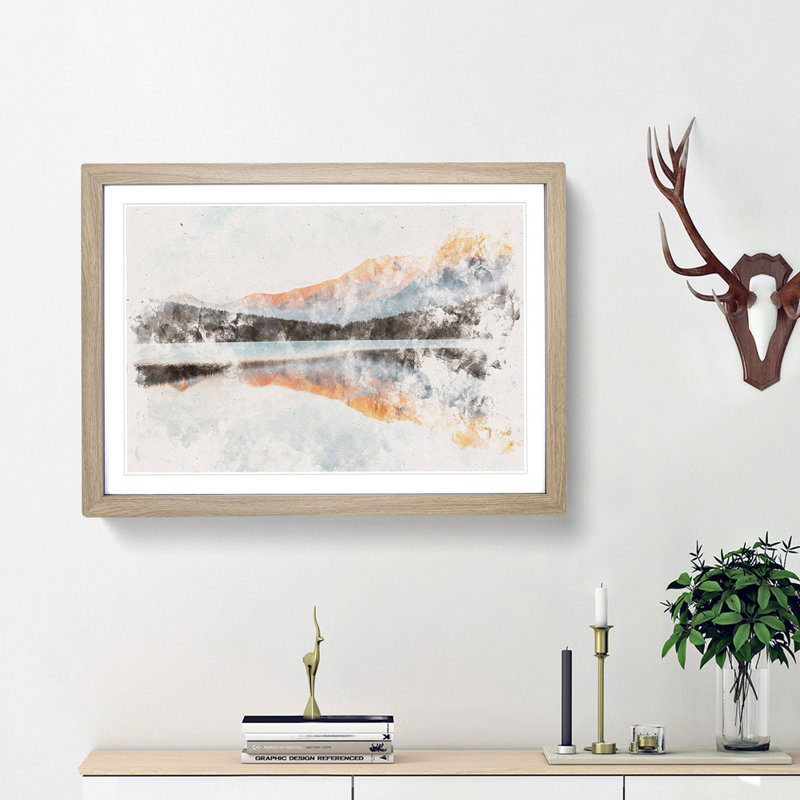 Mountain Reflection in Italy - Picture Frame Graphic Art Print, 24cm H x 33cm W x 2cm D, Oak Framed