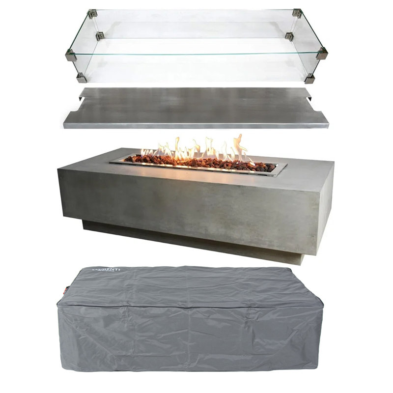 Granville Outdoor Fire Pit Set 17'' H x 60'' W Includes Windscreen, Lid, and Canvas Cover, Propane