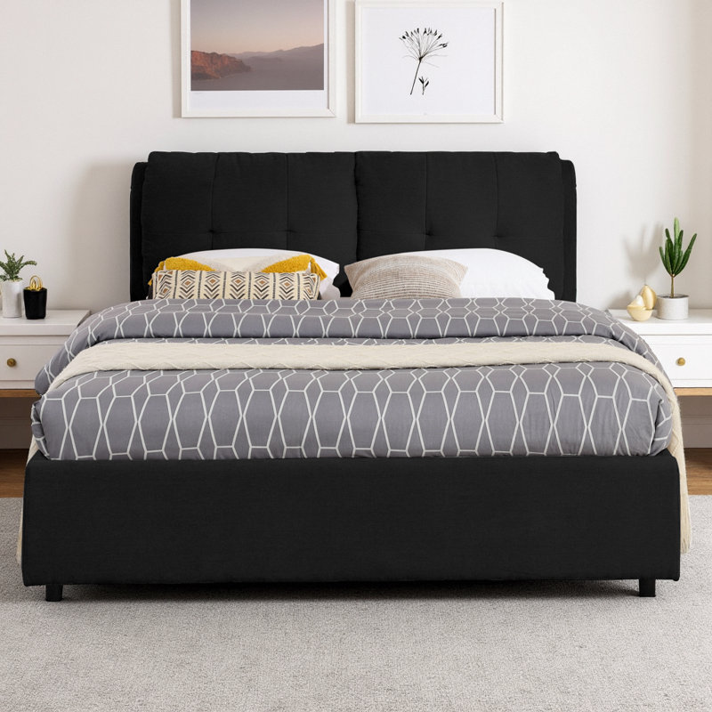 Grand lit plateforme tapissier hydraulique avec tête de lit intégrée, structure de lit moderne en tissu chenille, aucun sommier nécessaire