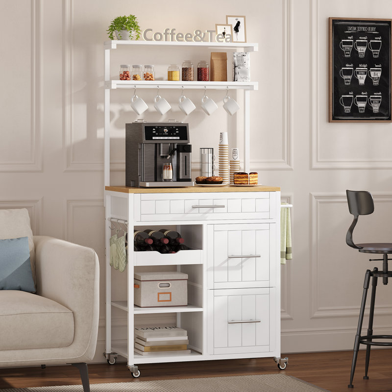 Îlot de cuisine avec rangement, chariot d'îlot de cuisine roulant avec tablettes et tiroirs, Blanc