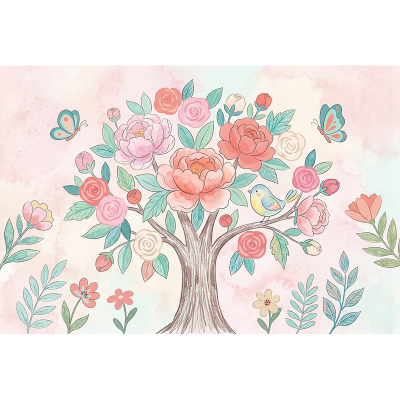 Papier peint floral avec aquarelle et papillons, 100 po x 96 po, Non tissé