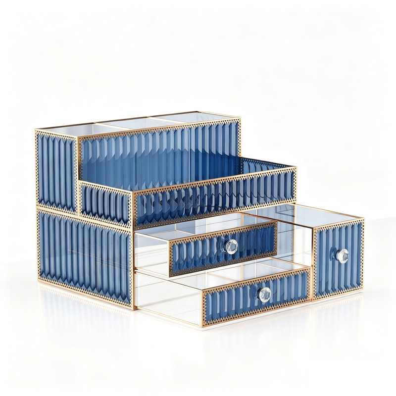 Blue Makeup Organizer Tempered Glass Vanity Organizer
