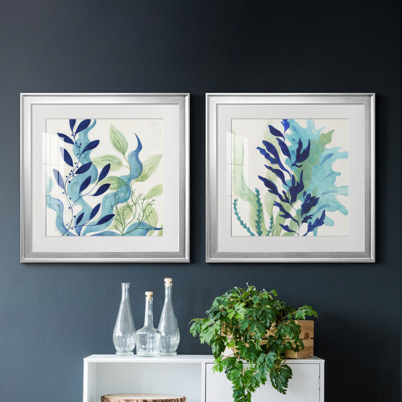 Blue Coral I - ensemble de 2 peintures, Impression encadrée avec passe-partout, H 17,5 po x l 35 po, Silver