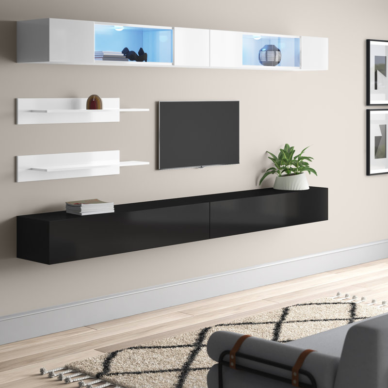 Chanera 126" Modern Floating Wall Mounted Entertainment Center with 16-Color LED Lighting, High Gloss Finish, White/Black