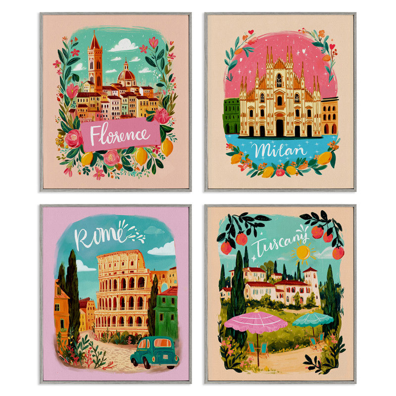 Ensemble de 4 giclées encadrées, Italie, Italie, Estampe numérique Farmhouse, H 14 po x l 11 po