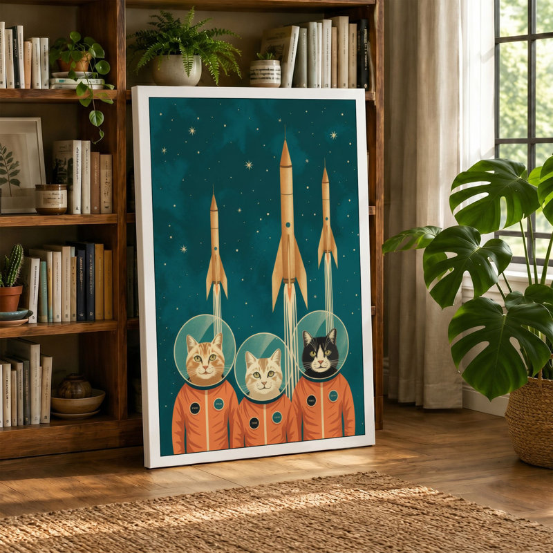Astronauts and Golden Rockets Mid-Century - Wrapped Canvas, 24x16 - 61.0 x 40.6 cm, Teal Border