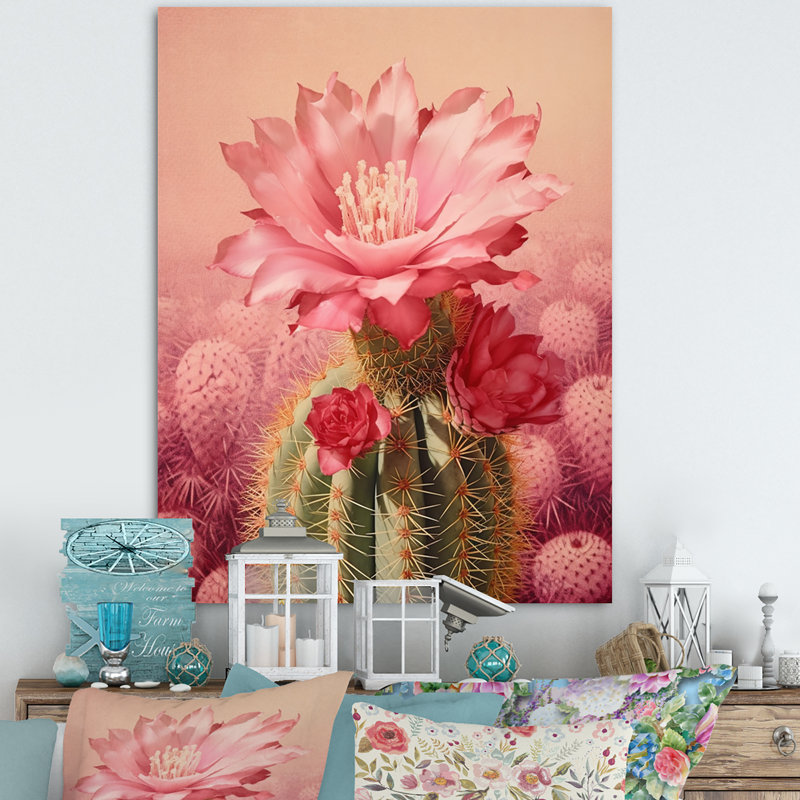 Cactus rose vert, collage minimal sur toile, H 44 po x l 34 po x P 1,5 po, Toile tendue