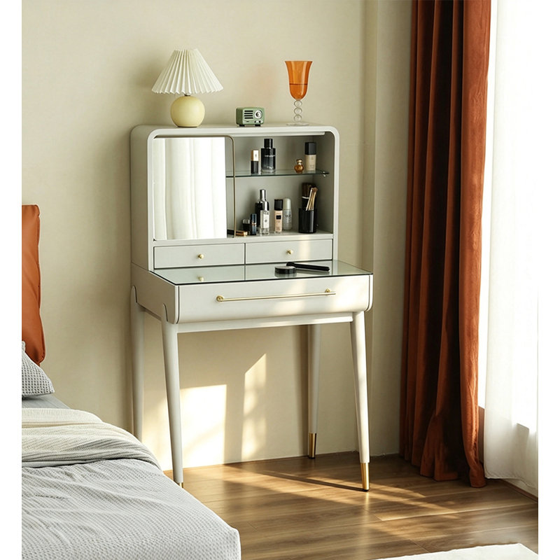 Coiffeuse de maquillage moderne avec plateau en verre et tiroirs divisés