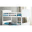 Lit superposé simple blanc massif et bois d'ingénierie de style transitionnel, conception de planches, réversible, pieds de support et joint de verrouillage avec finition, bois, tête de lit à panneau, système