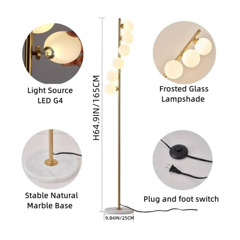 Mid Century Modern Floor Lamp With 6 Frosted Glass Globes, 3 Color Temperature Adjustable Standing Lamp For Living Room Bedroom Office, Foot Switch Control