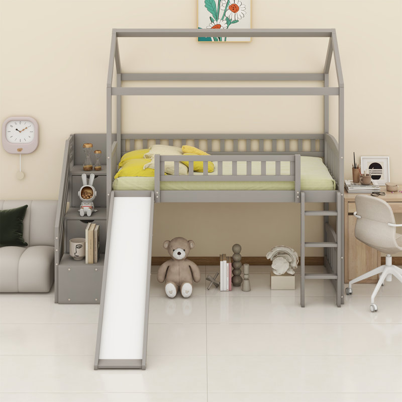 Loft Bed With Slide, House Bed With Slide, Gray