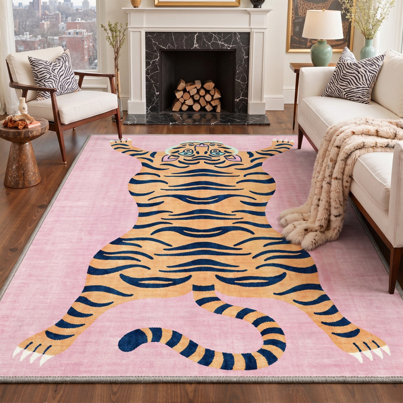 Tapis tigre / orange lavable à la machine Tayviona avec envers antidérapant, Rectangulaire 8 pi x 10 pi