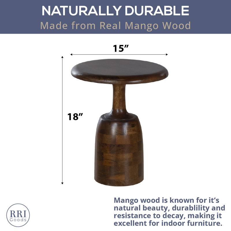Table d'appoint ronde en bois de manguier 15 po avec base piédestal teinté foncé