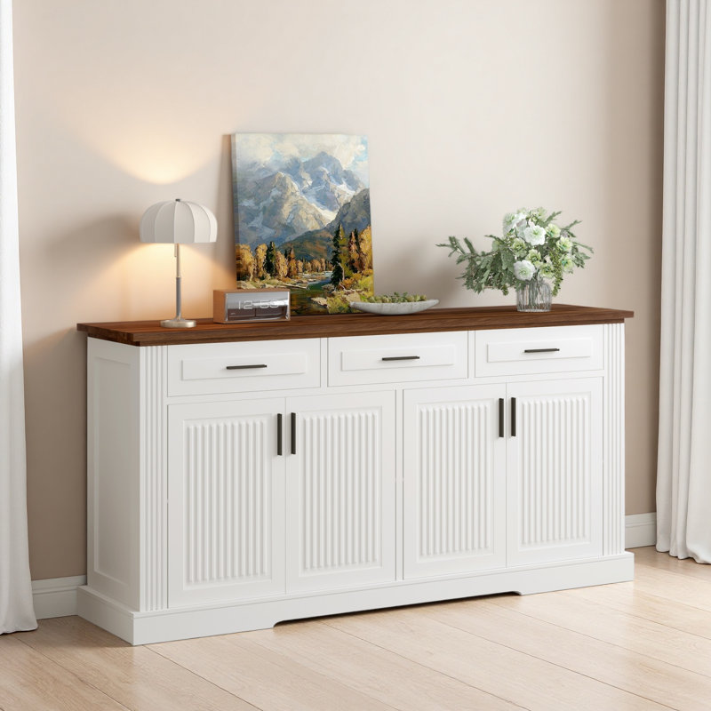 63" Fluted Sideboard Buffet Cabinet With Storage, Modern Coffee Bar Station With 4 Doors And 3 Drawers, Kitchen Storage Console Table For Living Room Dining Room Entryway