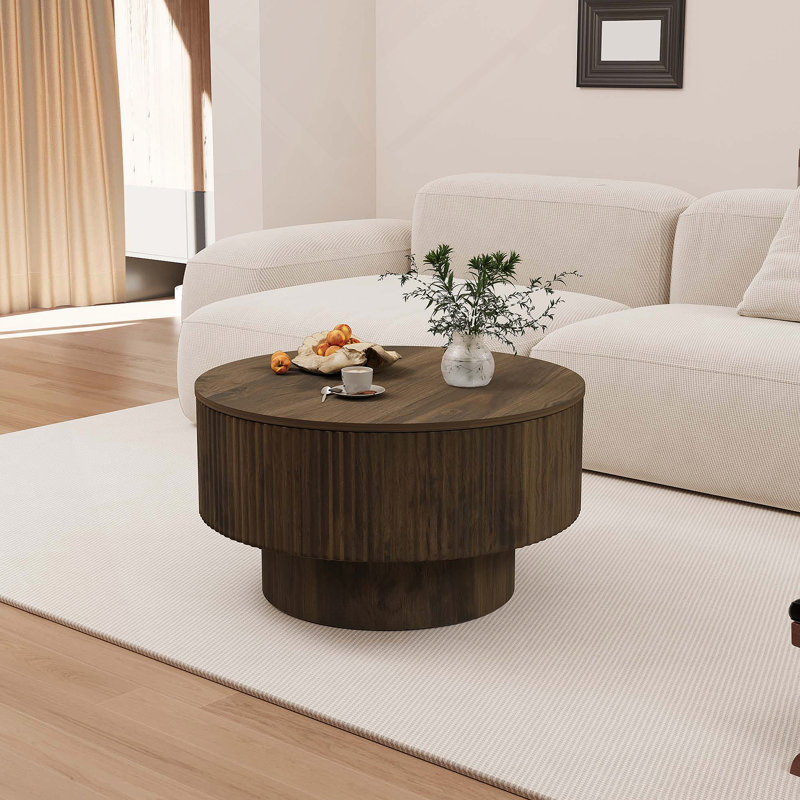 Table basse 29,53 "en bois aggloméré moderne avec motif à rayures circulaires et espace de rangement, convenant à la maison et à la cuisine (noyer)