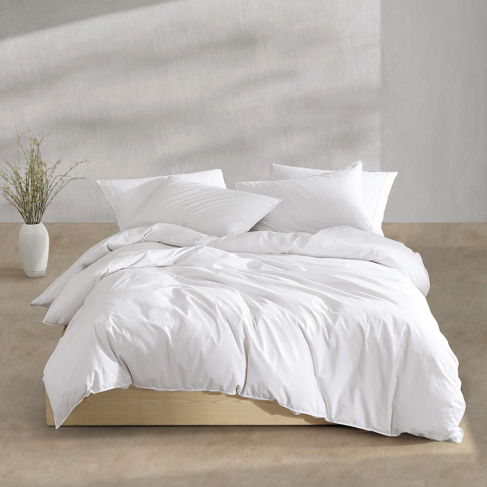 Washed Percale Cotton Comforter Set, Queen Comforter + 2 Standard Shams, White