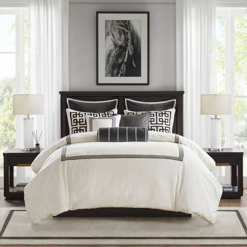 Jarvis Embroidery Oversized Duvet Style 8-Piece Queen Comforter Set, Queen Comforter + 7 Additional Pieces, Black
