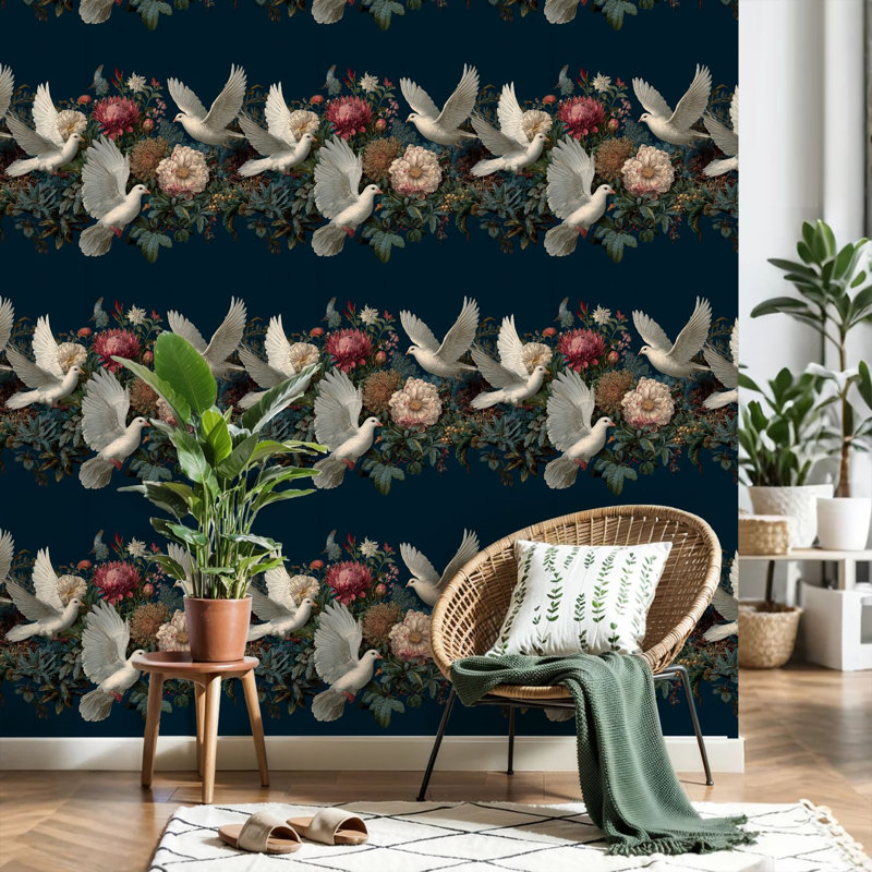 Peler et coller le papier peint colombes blanches au milieu d'un jardin floral, oiseaux noirs, papier contact, adhésif amovible, décoration murale pour armoires de cuisine de chambre à coucher, 24 po x 118 po
