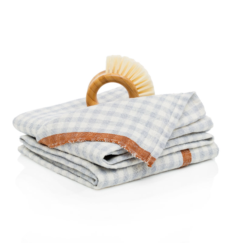 Gingham Linen Dish Cloth, Blue/Cognac