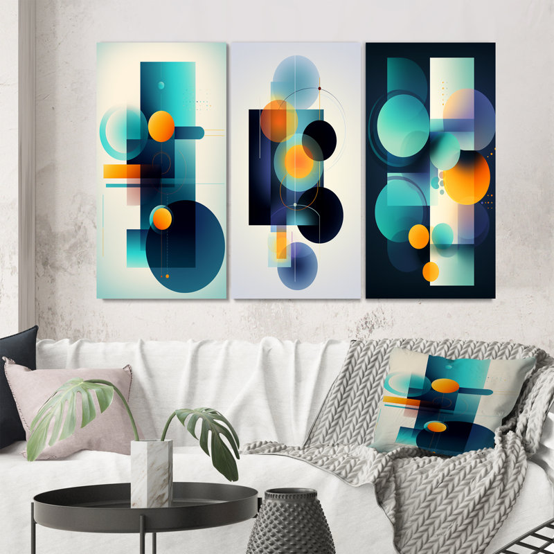 "Indépendante Curiosité rétro circulaire IV" 3 pièces, Toile tendue, H 20 po x l 36 po