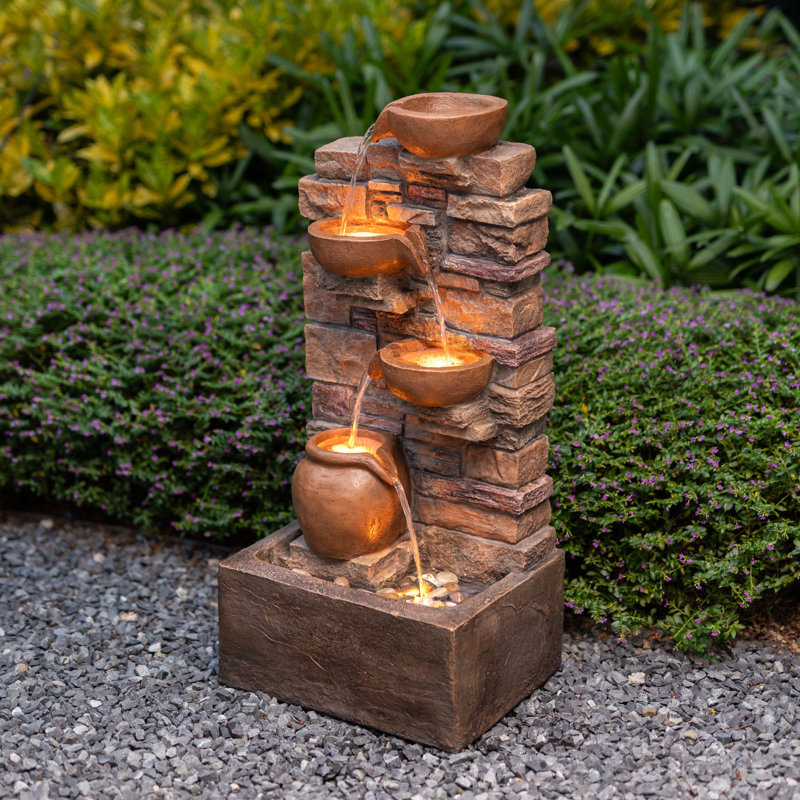 Eshell 8.5" Outdoor Water Fountain With LED Lights, Brown