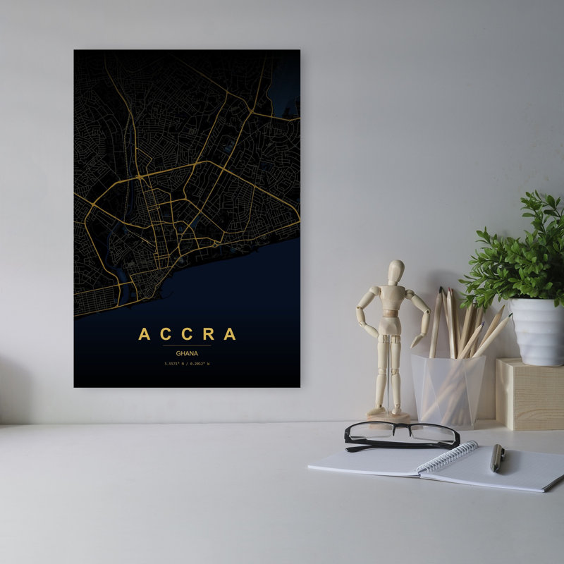 «Accra Night Map Modern Abstract City Coastal», art mural, H 18 po x l 12 po