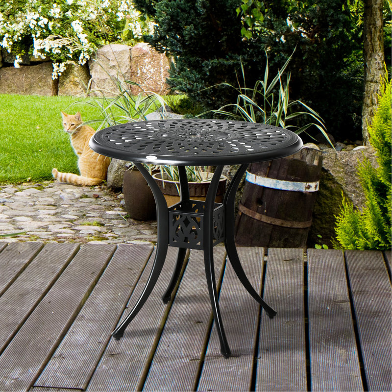 Table de salle à manger ronde noire 30 "avec trou pour parasol, table d'extérieur en fonte d'aluminium. Matériau rouille, conception bistro équilibrée, pieds réglables