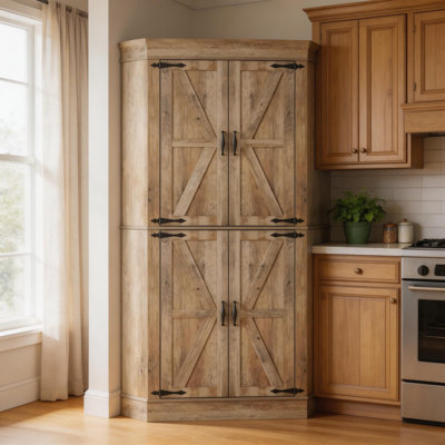 Armoire de bar de coin Farmhouse de 71 po de hauteur, garde-manger de coin robuste avec 4 portes et tablettes, garde-manger autoportant en forme de L avec support latéral pour salle à manger (gris)
