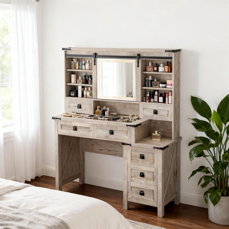 48''Farmhouse Makeup Vanity Desk With Lights & Charging Station，3 Brightness Lights, Glass Desktop With Ample Storage Space And Sliding Mirror