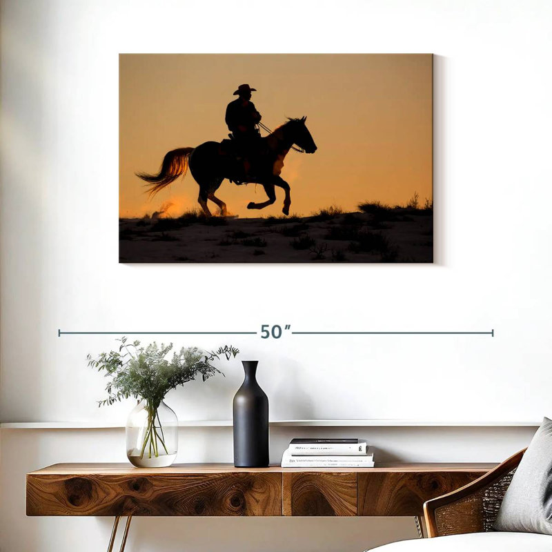 Lelar, cowboy à cheval, H 24 po x l 36 po