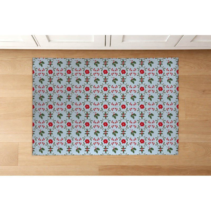 Tapis de cuisine Botanical Poinsettia, Rectangulaire 3 pi x 2 pi, Bleu